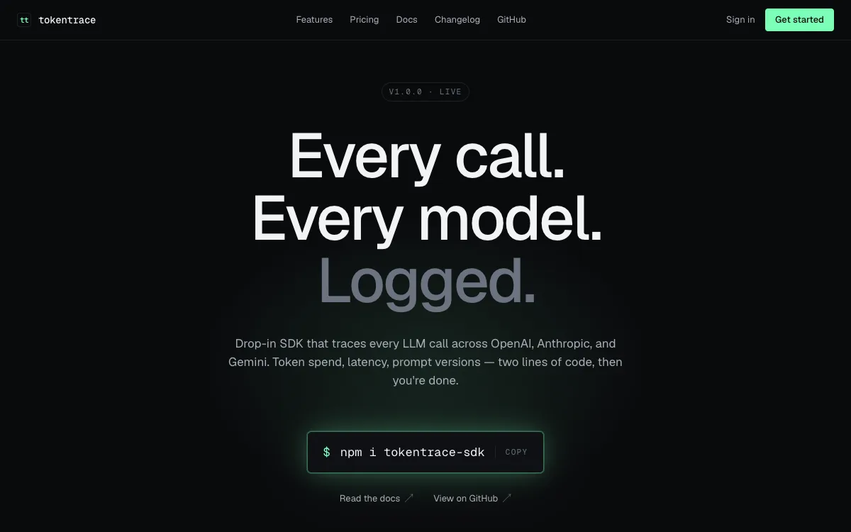The Tokentrace landing page